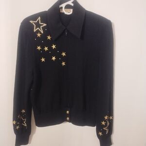 St. John Black Knit Cardigan With Gold Stars Petite Small Made In USA